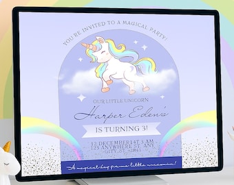 Invitation de fête d'anniversaire licorne modifiable, anniversaire fille magique thème arc-en-ciel, modèle de toile Invitation mobile en téléchargement numérique