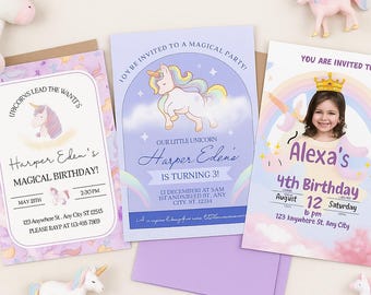Faire-part d'anniversaire licorne modifiable, invitation anniversaire magique arc-en-ciel, modèle de toile thème licorne fille, téléchargement numérique inviter