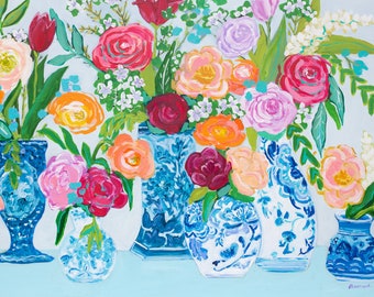 Blue and White Flower Vase Print of 'Chinoiserie Collection' by Amanda Oswalt, Water Oak Designs, colorful floral art, peonies, delftware,