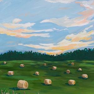 Abstract field print of painting &#39;Rolling Hay Field&#39; by Amanda Oswalt Art, Water Oak Designs, abstract landscape with colorful sunset