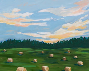 Impresión de campo abstracto de la pintura 'Rolling Hay Field' de Amanda Oswalt Art, Water Oak Designs, paisaje abstracto con puesta de sol colorida
