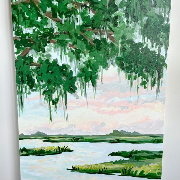Colorful SC Marsh with Live Oak Tree Print of 'September Marsh' by Amanda Oswalt, Water Oak Designs, Low Country Marsh Art