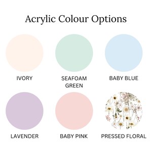 May include: Acrylic paint colour options for a craft project. The colours are ivory, seafoam green, baby blue, lavender, baby pink, and pressed floral.
