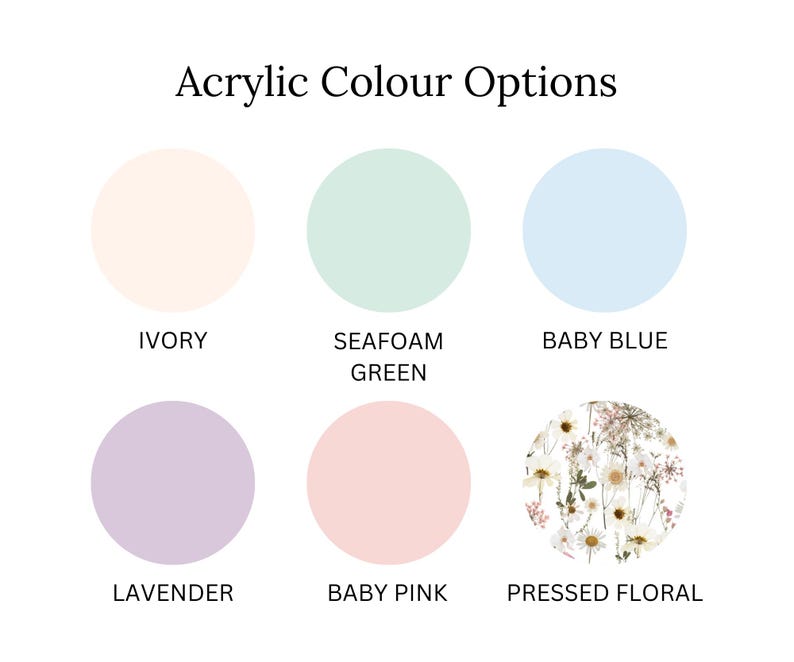 May include: Acrylic paint colour options for a craft project. The colours are ivory, seafoam green, baby blue, lavender, baby pink, and pressed floral.