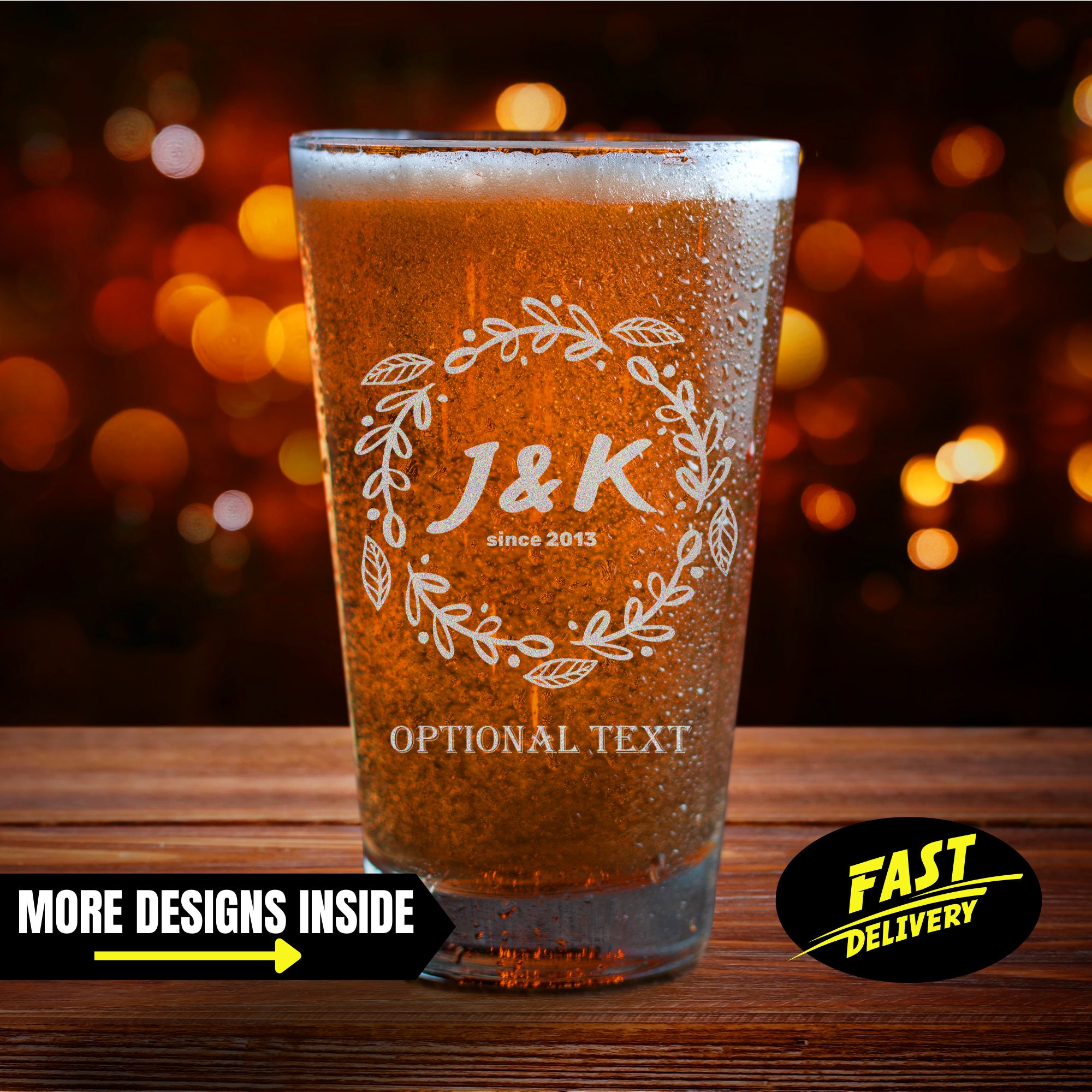 Etched Fancy Initial Pint Glass, Design: K6