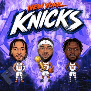May include: A digital illustration featuring three New York Knicks basketball players in caricature style against a purple flame background. The text NEW YORK KNICKS is displayed prominently above the players, who wear white jerseys with numbers 11, 31, and 30.