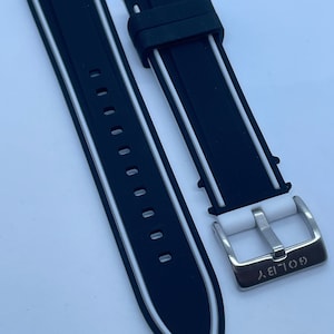 20mm and 22mm, black and white solid silicone strap with white stripes and steel buckle (Quick release spring bars)