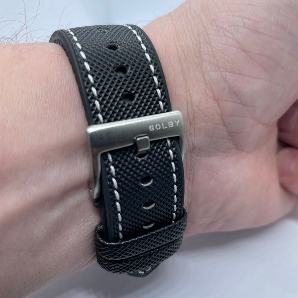20 mm, bracelet en caoutchouc hybride noir avec surpiqûres blanches et boucle en acier