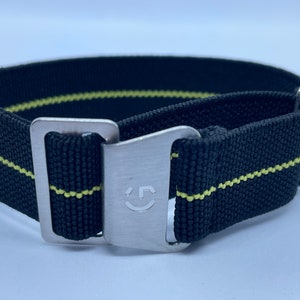 20mm, Black and Yellow French Marine Nationale style elasticated watch straps. 20mm With Steel Clasp