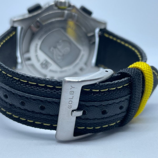 22mm breites, maßgefertigtes schwarz-gelbes Uhrenarmband mit gelber Naht und Steckverschluss aus Stahl (Schnellverschluss)