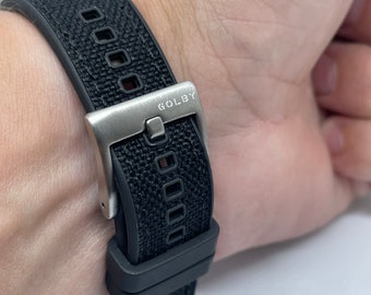 20 mm, bracelet hybride en caoutchouc et nylon noir avec surpiqûres noires et boucle en acier (goupilles à dégagement rapide)