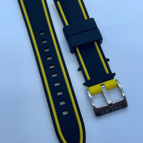 20mm and 22mm, black and yellow solid silicone strap with yellow stripes and steel buckle (Quick release spring bars)