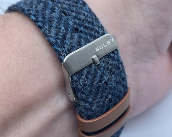 Correa de reloj estilo tweed Harris azul de 22 mm con hebilla de acero y pasadores de liberación rápida.