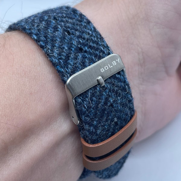 Bracelet montre en tweed bleu Harris de 22 mm avec boucle en acier et barres à ressort à dégagement rapide