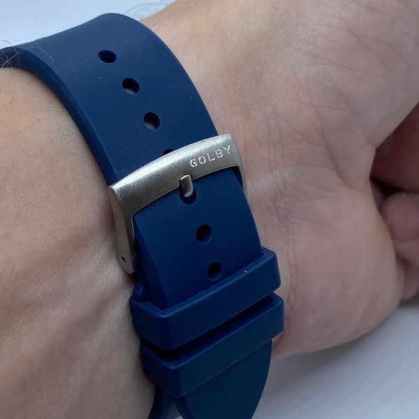 22mm and 20mm, Navy premium grade FKM rubber strap with steel buckle (Quick release pins)