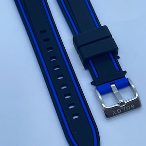 20mm and 22mm, black and blue solid silicone strap with blue stripes and steel buckle (Quick release spring bars)