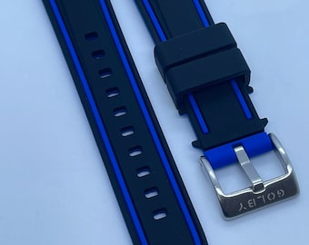 20mm and 22mm, black and blue solid silicone strap with blue stripes and steel buckle (Quick release spring bars)