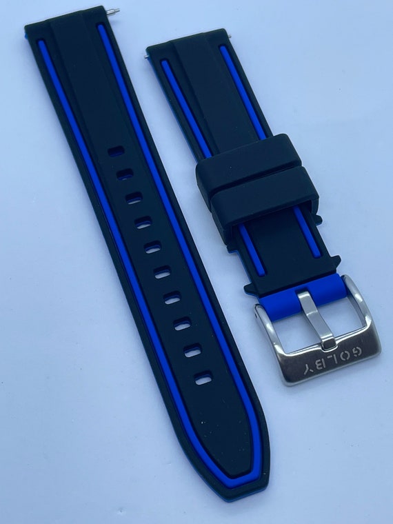 20mm and 22mm, black and blue solid silicone strap with blue stripes and steel buckle (Quick release spring bars)