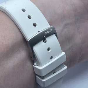22mm and 20mm, white premium grade FKM rubber strap with steel buckle (Quick release pins)