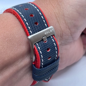 20mm, navy and red hybrid rubber strap with white stitching and steel buckle