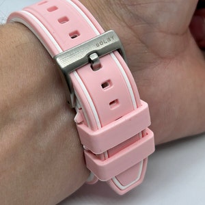 20mm and 22mm, pink and white solid silicone strap with white stripes and steel buckle (Quick release spring bars)