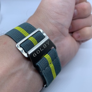 20mm, Grey & Yellow French Marine Nationale style elasticated watch straps. 20mm With Steel Clasp
