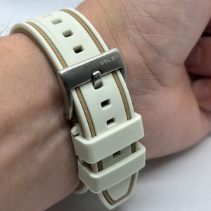 20mm and 22mm, cream and khaki solid silicone strap with khaki stripes and steel buckle (Quick release spring bars)