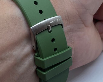 22mm and 20mm, Green premium grade FKM rubber strap with steel buckle (Quick release pins)