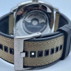 22mm, Khaki and black hybrid rubber and nylon strap with khaki stitching and steel buckle (Quick release pins)
