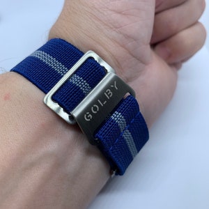 22mm, Blue and Grey French Marine Nationale style elasticated watch straps. 22mm With Stainless Steel Clasp