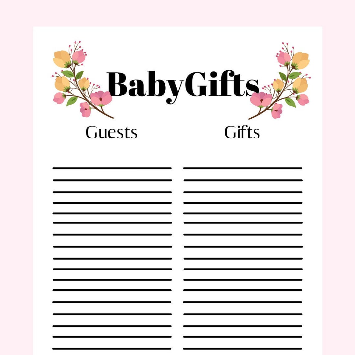 Baby Gift List Floral Gift Card List Printable Instant Etsy