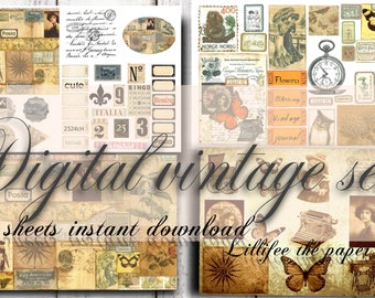 4 digital vintage collage sheets, ephemera, junkjournal, papercraft, paperkit