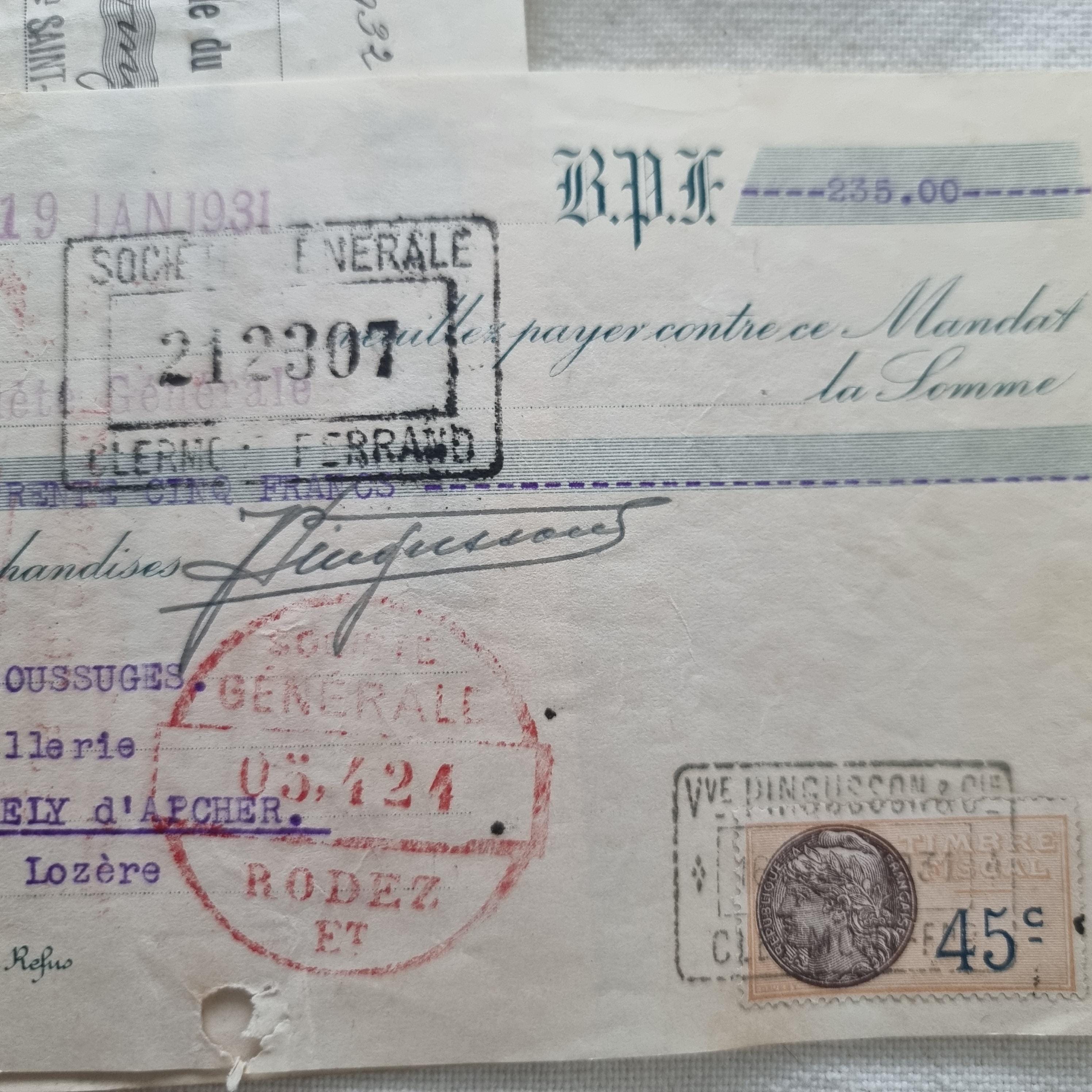 Vintage French Bank Checks 1930s, Set of 5 Stamped Checks, Handwritten ...