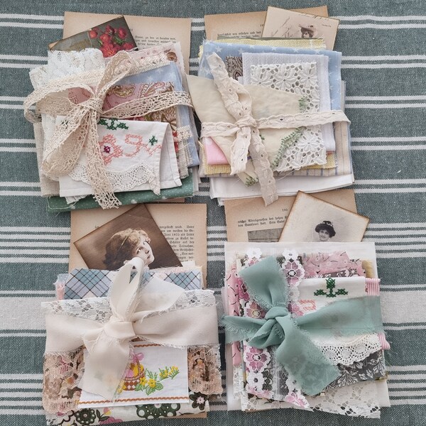 Patchwork inspiration package, vintage fabrics, lace, embroidery, old book page, vintage postcard reprint...