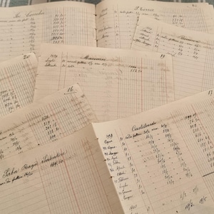 May include: A collection of vintage ledger pages featuring off-white paper with handwritten entries in black ink. The documents contain columns of dates, names, and numerical financial data, with some pages showing page numbers in the top corners.