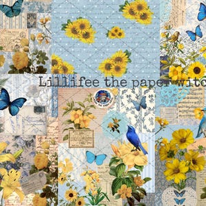 Collage blu e giallo, 12 fogli scaricabili  per diario alto , carta per artigianato, junkjournal, ephemera