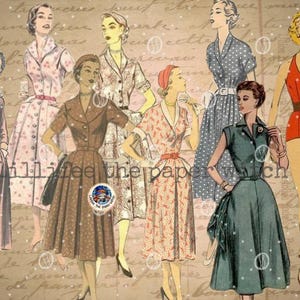 8 donne con abiti anni '50,abbellimenti,fussy cut,scrapbooking