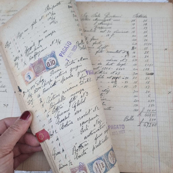 Set med 3 original dubbelsidiga (totalt 6 skrivna sidor) italienska huvudbokblad 1923 Konungariket Italien skattefrimärken antik löpsedelsbok