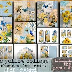 Blue Yellow Collage,12 Digital Tall Slim Journal Skinny Papers, papercraft, junkjournal, ephemera digital kit