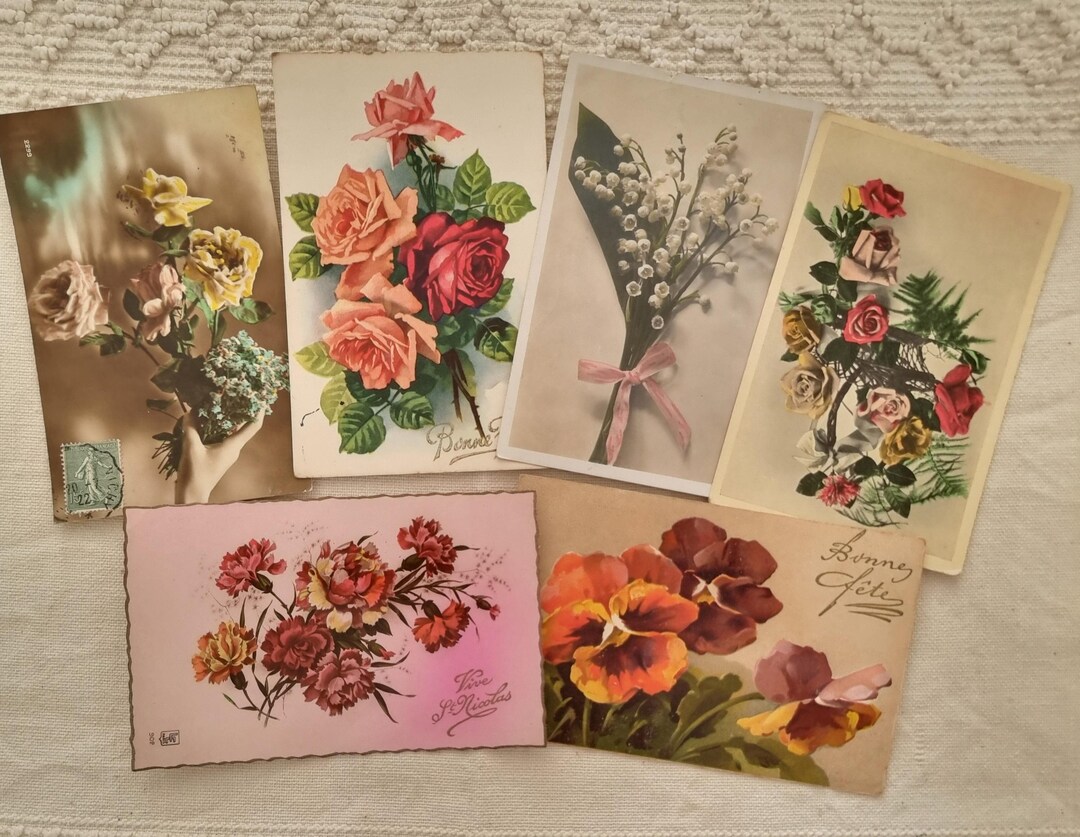 Set of 6 Antique French Floral Postcards, Handwritten Vintage Ephemera ...