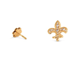 Könnte beinhalten: Goldfarbene Fleur-de-Lis-Ohrstecker. Ein Ohrring ist fokussiert und zeigt ein detailliertes Design mit eingebetteten, klaren Kristallen. Der andere Ohrring ist unscharf und zeigt den Stift und die Rückseite. Auf weißem Hintergrund.