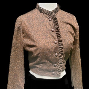 1950s Bobbie Brooks Jacket with Ruffle | Brown and Orange Geometric Print