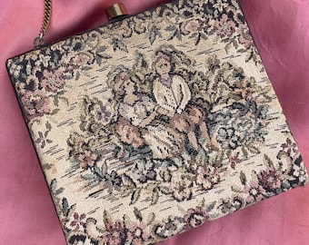 1930s Petit Point Needlepoint Tapestry Handbag with Art Deco Clasp and Rose Pink Interior with Matching Coin Purse