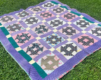 1940s - 1950s Purple Churn Dash Quilt with Striped Back | Vintage Bed Cover Blanket | Cottage Bedroom Decor