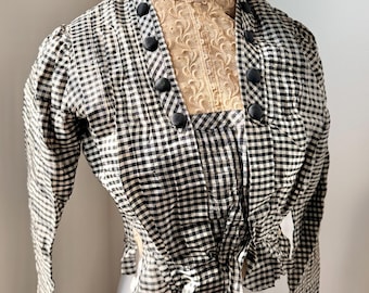 Antique Edwardian Bodice in Black and White Gingham with High Neck, Lace Insert, and Covered Buttons | Turn of the Century Blouse