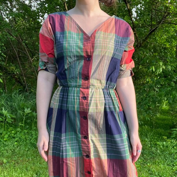 1980s Plaid Dress in Red, Blue, and Green by David Warren New York