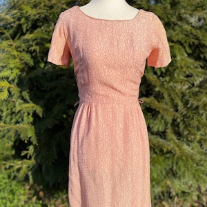1950s Pink Cocktail Dress | Lacy 50s Dress with Bow Belt