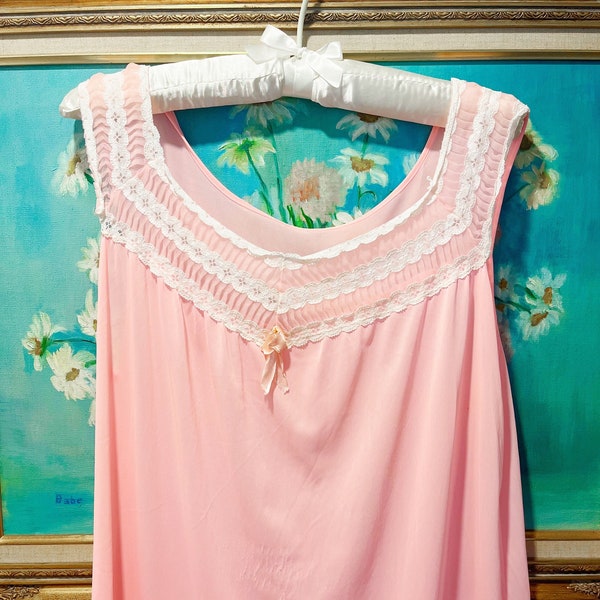 1960s Bubblegum Pink Nightgown with White Lace Trim