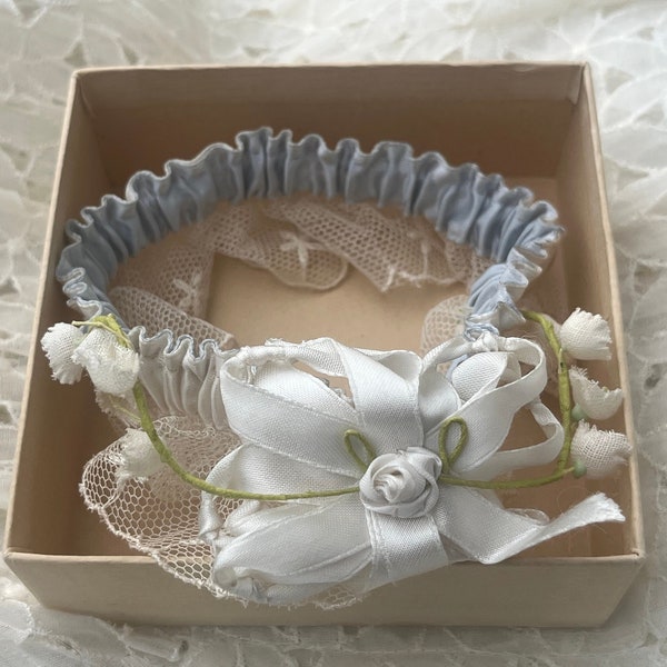 1940s Wedding Garter | Vintage Bridal Accessories | Blue Satin and White Lace with Faux Flowers