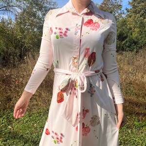 1970s Pink Floral Shirtdress by The Kollection Ltd. | 70s Painterly Flower Dress